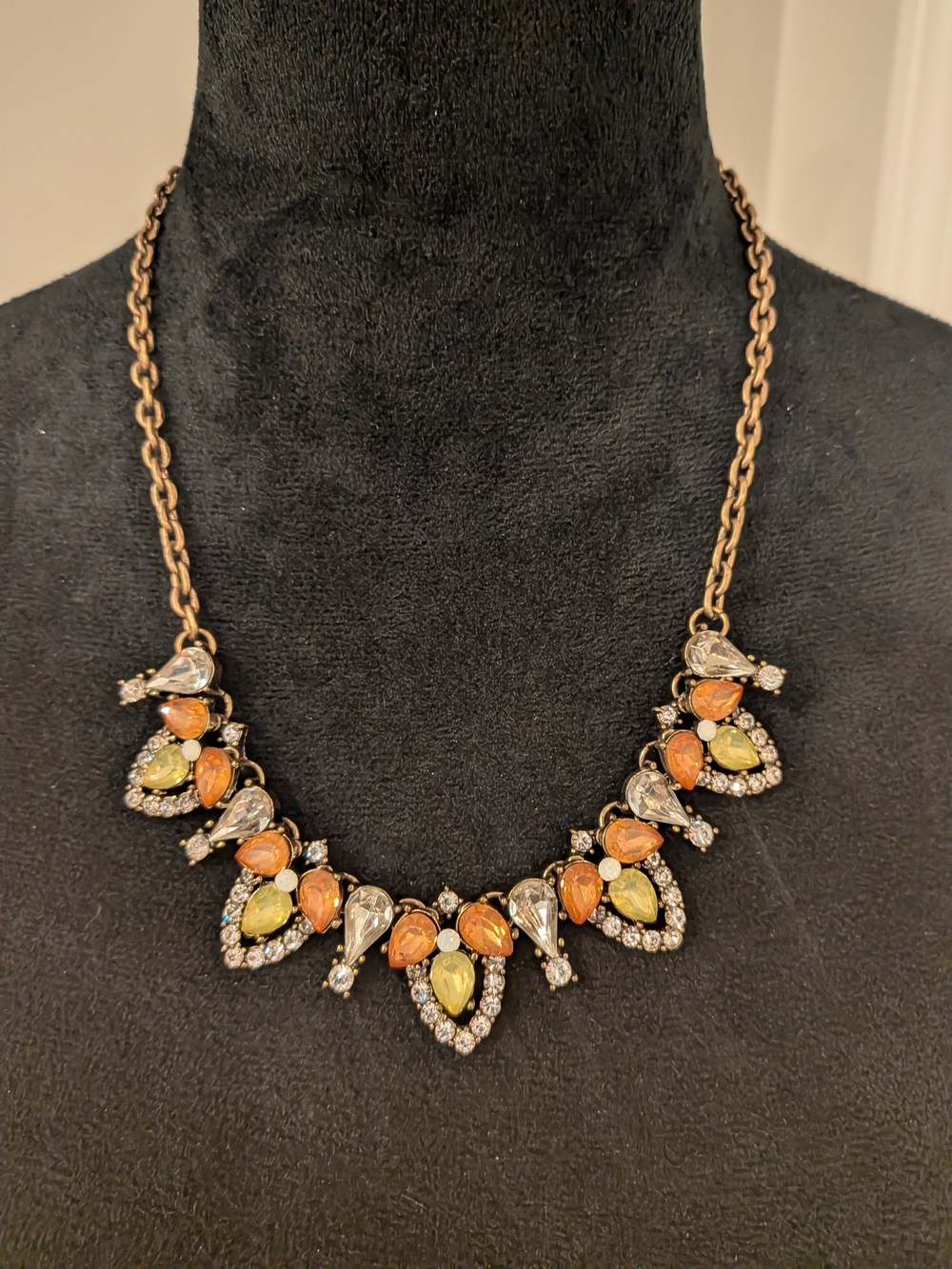 B#1: Gold-Tone Statement Necklace 10.5" with Orange and Pale Yellow Gem Accents